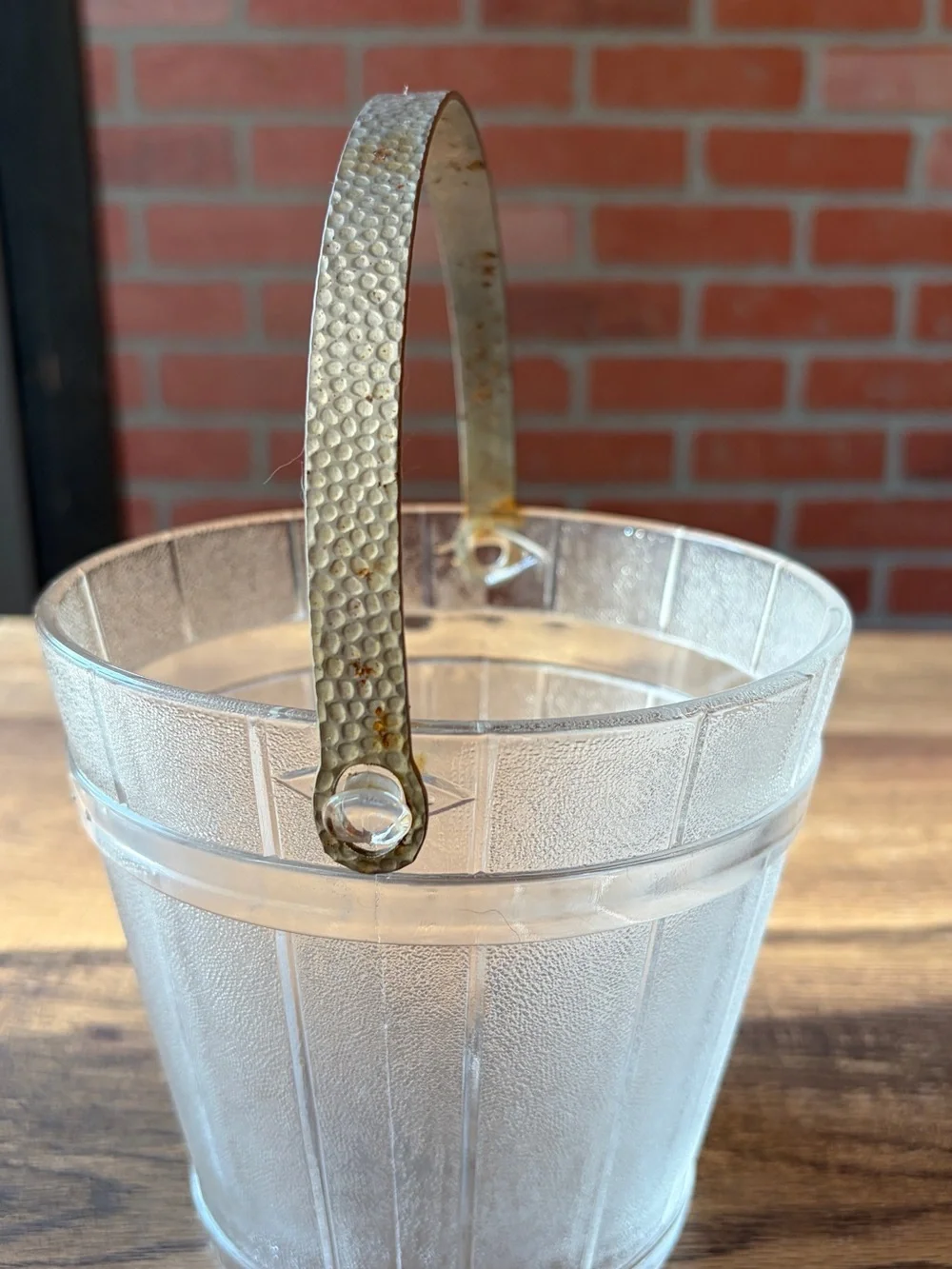 Vintage Clear Textured Glass Ice Bucket with Metal Swing Handle~Mid Century Era